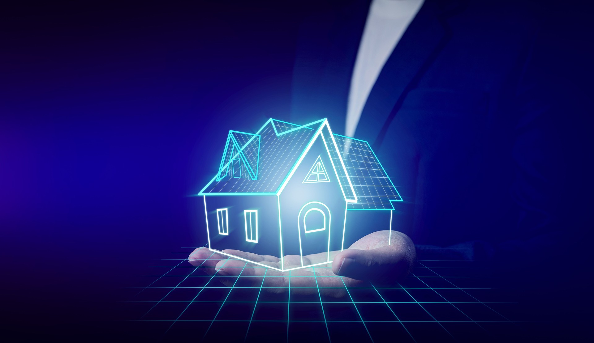 Man shows virtual house structure. Concept of architects in creating smart building systems.