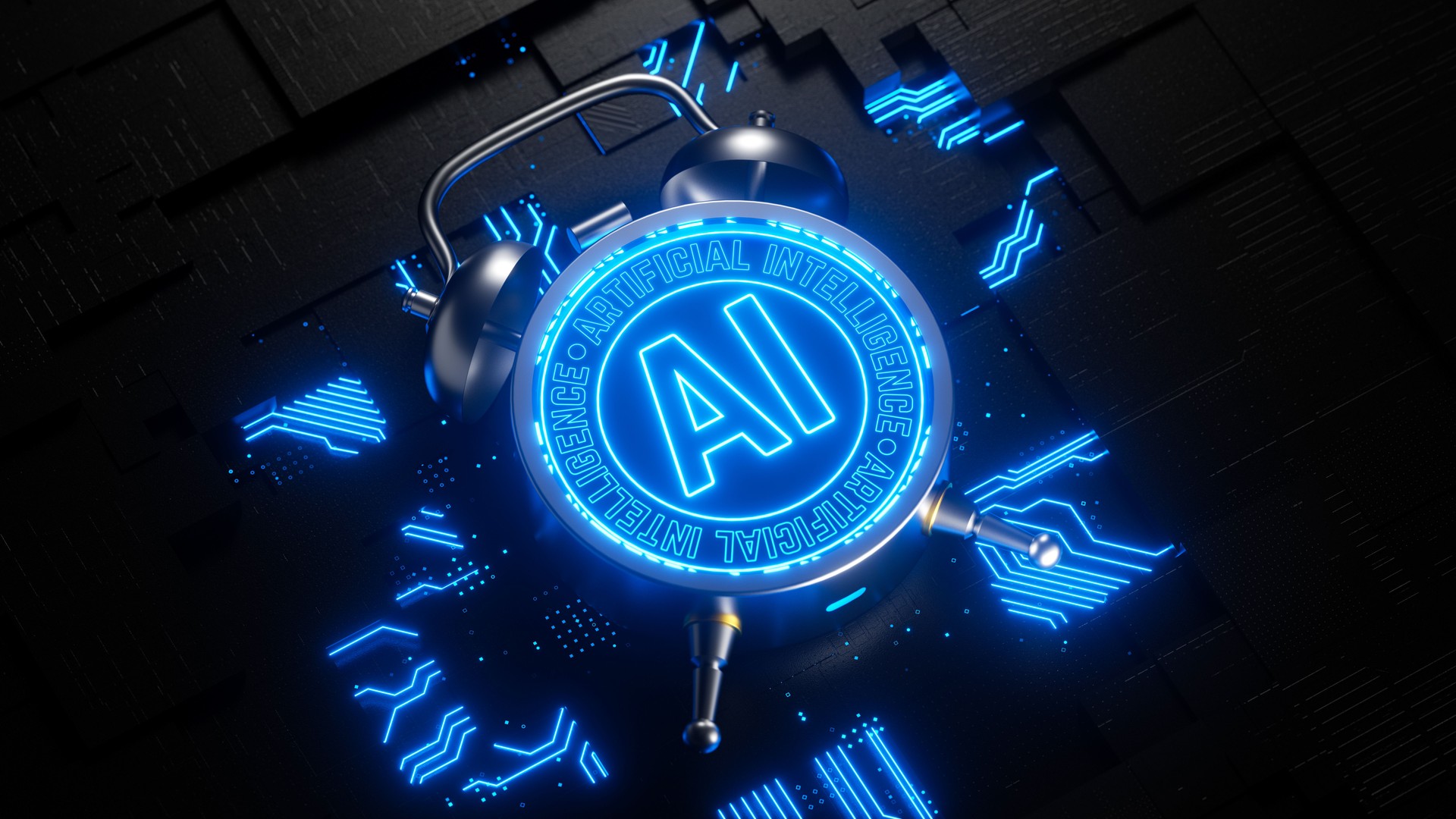 AI Revolution Concept with Retro Alarm Clock in Neon Digital Colors Highlighting the Rise of Artificial Intelligence. 3D rendering.